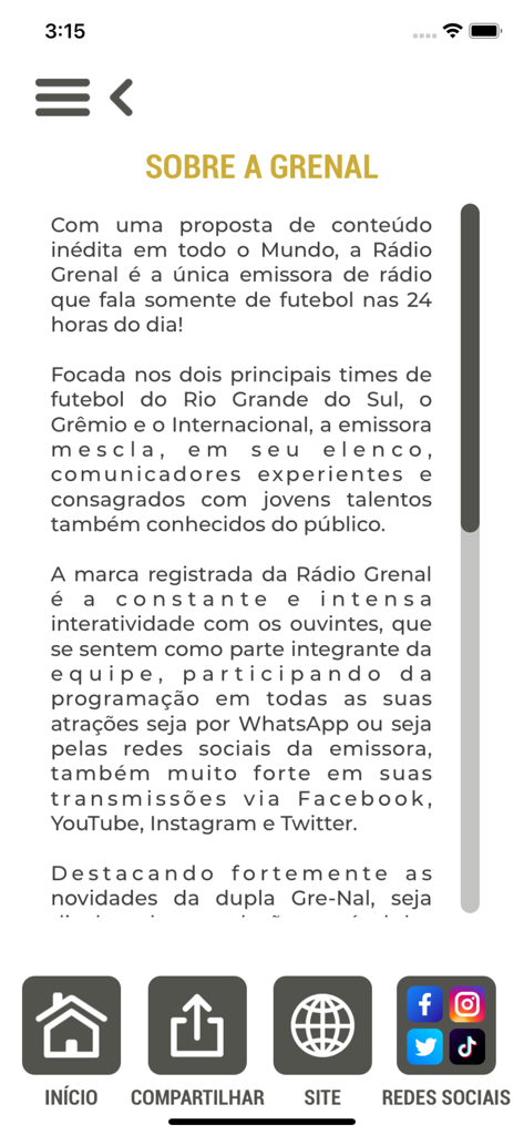 Rádio Grenal - 95,9 FM|88,9 FM - The About page of the Radio Grenal app describing its focus on Brazilian soccer and the Grêmio and Internacional clubs.