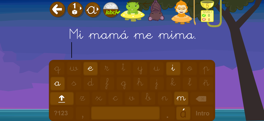 Spanisch-Lern-App, die einen Schreibschrift-Satz und eine Tastatur für Kinder zeigt