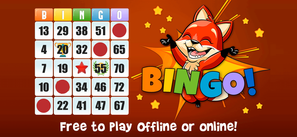 Absolute Bingo! Play Fun Games - Absolute Bingo game screen featuring a bingo card and a happy cartoon fox mascot.