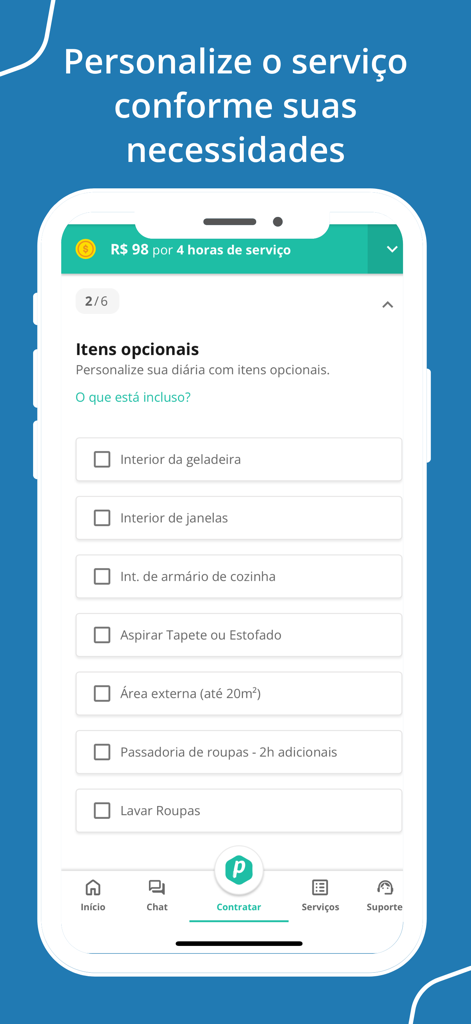 Interface de l'application Parafuzo montrant les services de nettoyage ménagers optionnels et les cases à cocher de personnalisation.