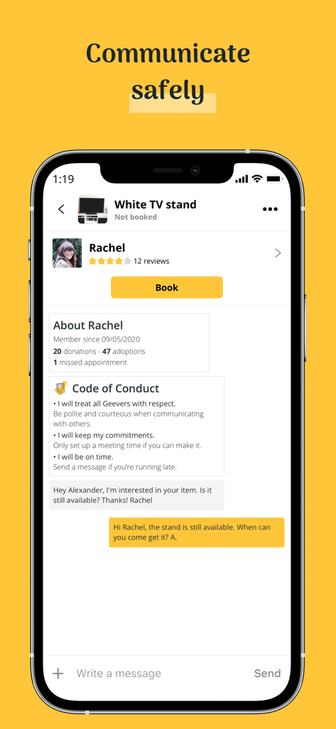 Interface de chat segura na aplicação Geev mostrando avaliações de utilizadores e um código de conduta comunitário
