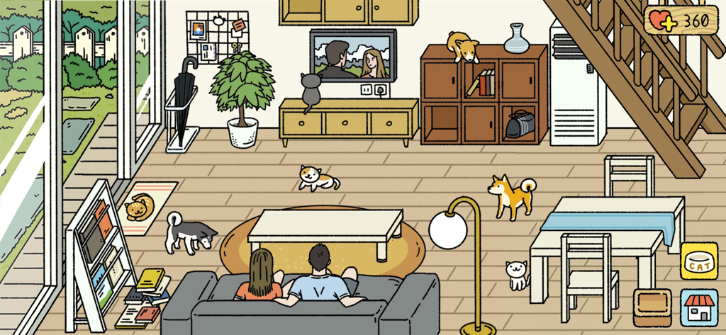 Adorable Home - A hand drawn living room in Adorable Home showing a couple on a couch surrounded by several cats and dogs.