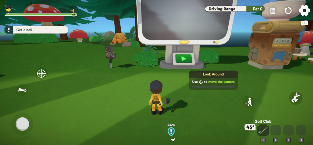 Super Battle Golf - Un personaje explorando el campo de prácticas en Super Battle Golf con instrucciones tutoriales en pantalla.