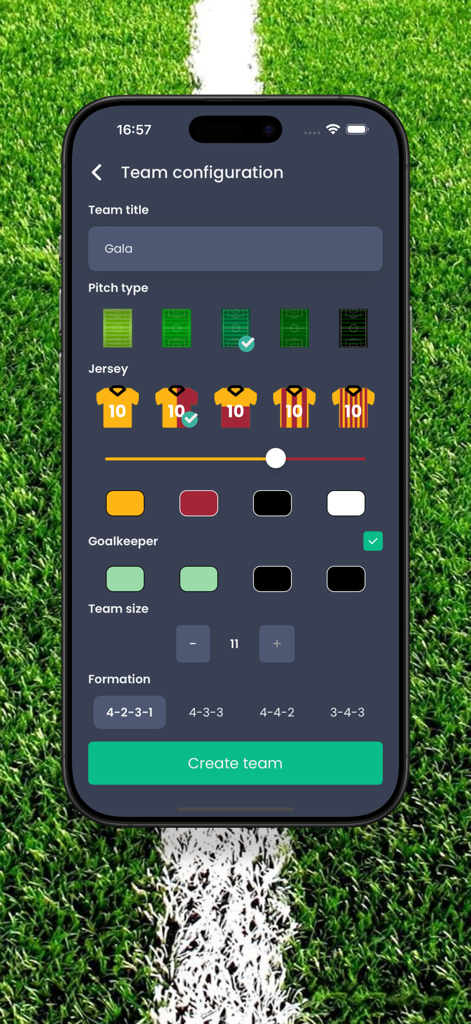 유니폼 색상, 경기장 종류, 포메이션을 포함한 축구팀 구성 설정을 보여주는 Lineupper 앱 인터페이스.