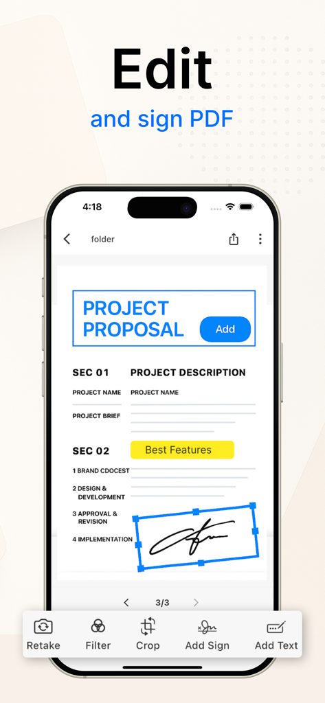 Photo to PDF converter scan. - Interfaz de la aplicación móvil que muestra a un usuario editando una propuesta de proyecto y agregando una firma digital.