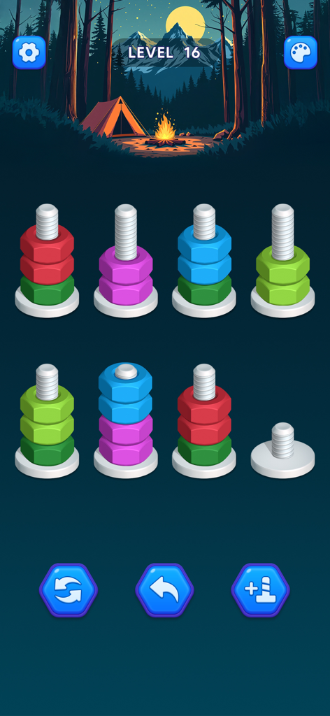 A colorful nuts and bolts sorting puzzle level in the Nut Sort app with a scenic camping background.
