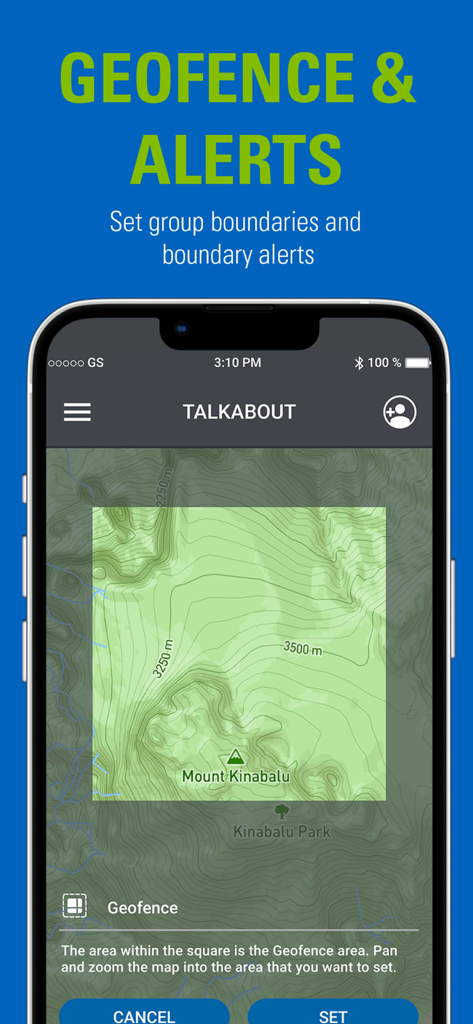 Motorola Talkabout app geofence and boundary alerts setup on a topographic map