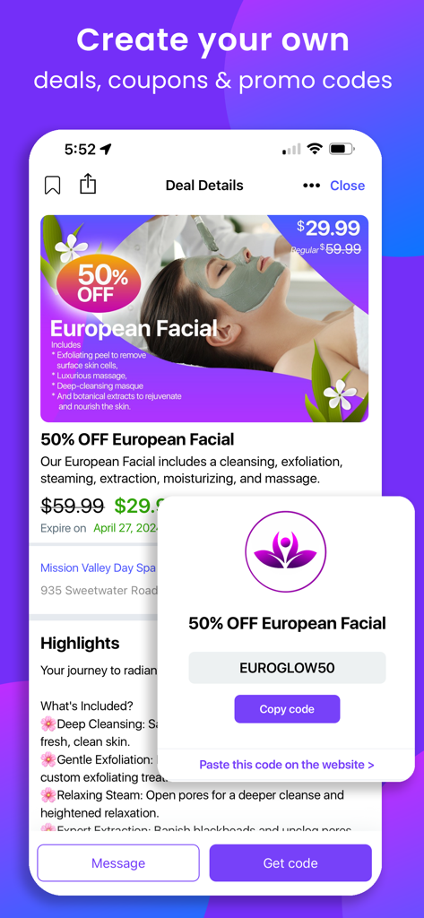 Netbinc: Social, Videos, Chat - A smartphone screen showing the Netbinc app with a spa deal and a copyable promo code