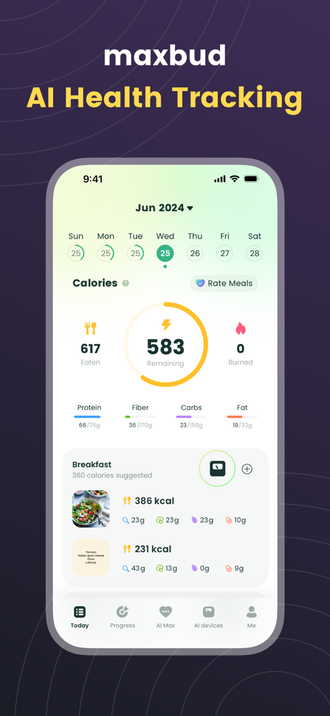 maxbud: AI  Health Tracking - A mobile app interface showing a daily calorie and macronutrient tracking dashboard with a breakfast log and progress rings.