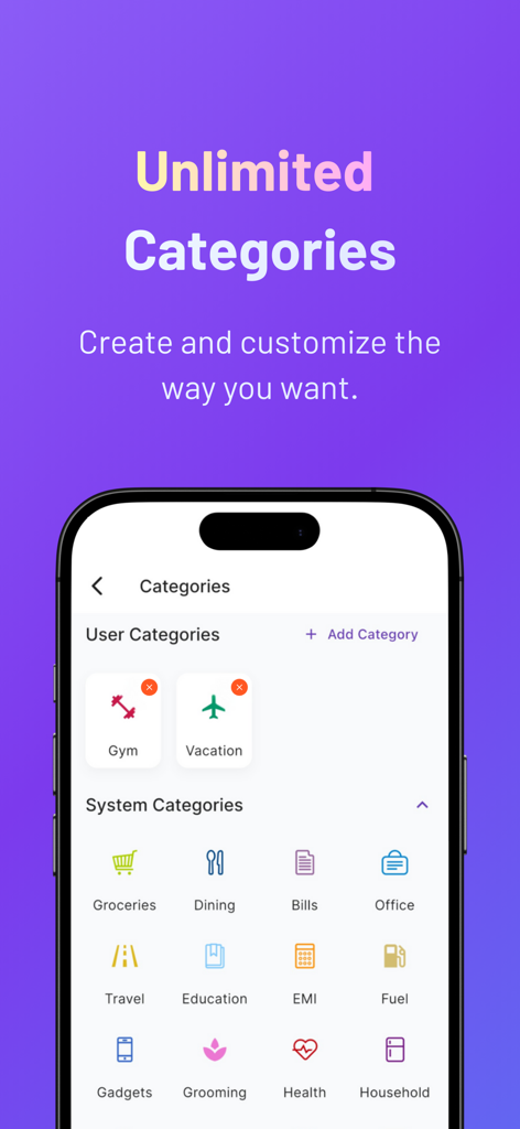 FinArt app interface showing unlimited and customizable expense categories for budgeting