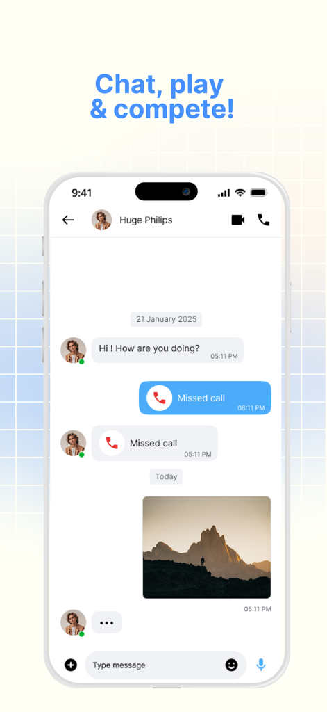 Mobile chat screen in the GuChat app featuring instant messaging and missed call notifications