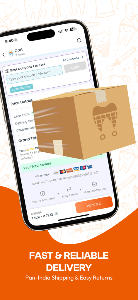 Dentalkart mobile app checkout screen highlighting fast and reliable delivery for dental supplies