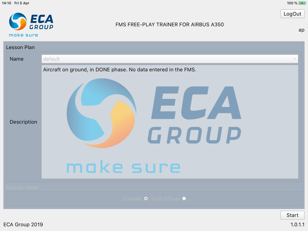 FMS A350 - FMS A350トレーナーのレッスン計画設定画面。飛行フェーズオプションとキャプテンまたはファーストオフィサーの選択が表示されます。