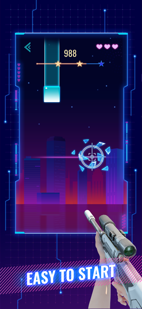 Vista en primera persona de un rifle de francotirador apuntando a fichas rítmicas en un nivel de ciudad de neón de Rhythm Fire