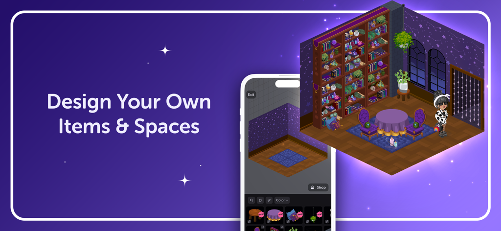 L'interface de l'application Highrise présente la personnalisation des chambres et un espace virtuel décoré avec un avatar.
