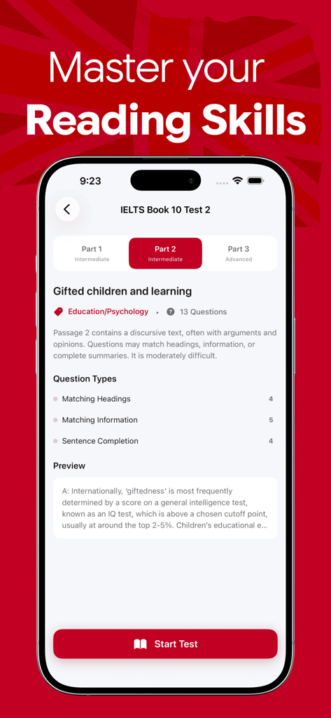 IELTS Prep App interface showing a reading practice test module for intermediate level on the topic of gifted children and learning.