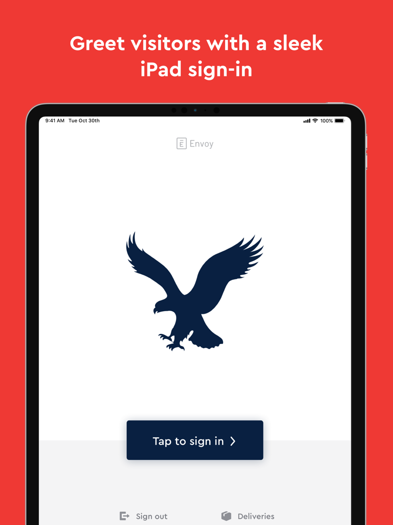 Envoy Visitors Kiosk welcome screen on an iPad for modern office visitor check-ins