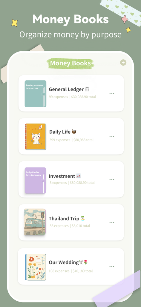 SmileBudget - SmileBudgetアプリのインターフェース。旅行や日常生活などの目的別に支出を整理するための、カスタマイズ可能なマネーブックを表示しています。