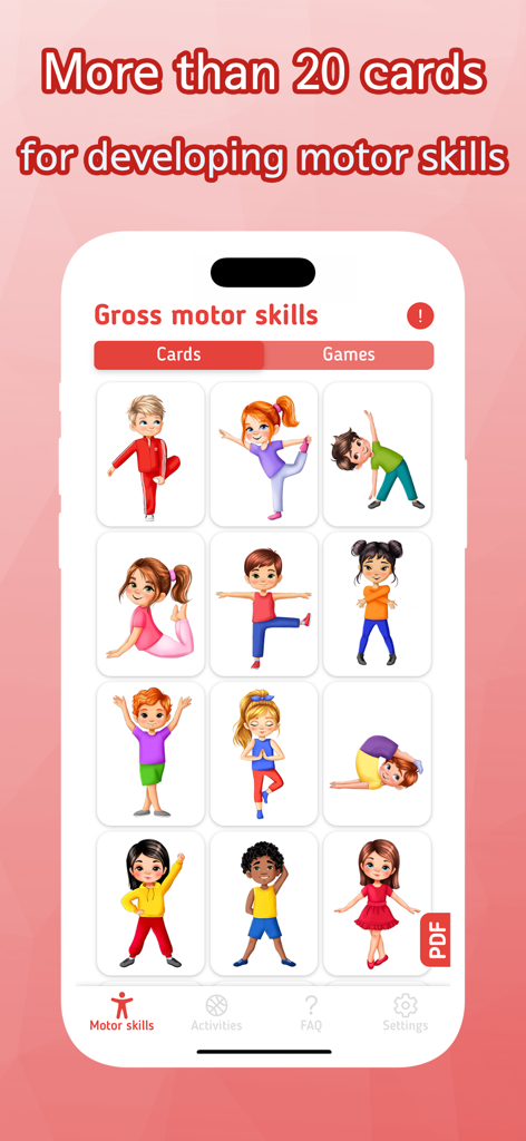 Une collection de cartes montrant des enfants dans différentes poses physiques pour aider à développer la motricité globale dans une application pour enfants.