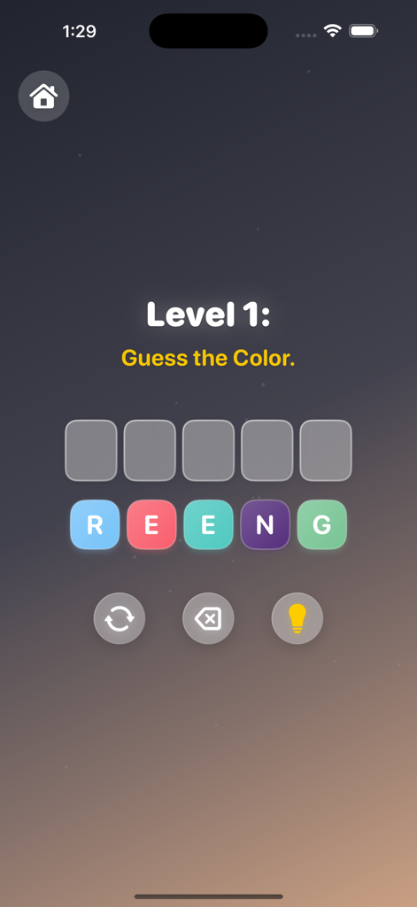 Riddle Quiz－Trivia Logic Fun - A screenshot of Level 1 in the Riddle Quiz app showing a word puzzle to guess the color green from scrambled letters.