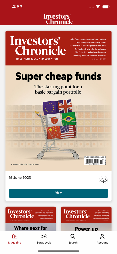 Investors Chronicle - La aplicación móvil Investors Chronicle mostrando la edición de la revista de junio de 2023 titulada Super Cheap Funds