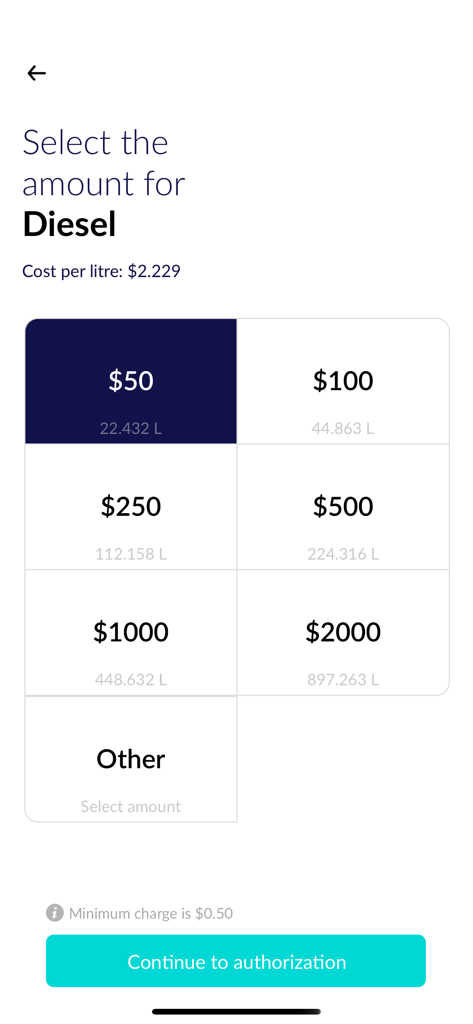 FuelCharge - Oberfläche der FuelCharge-App, die den Dieselpreis pro Liter und die Auswahl vordefinierter Zahlungsbeträge zeigt