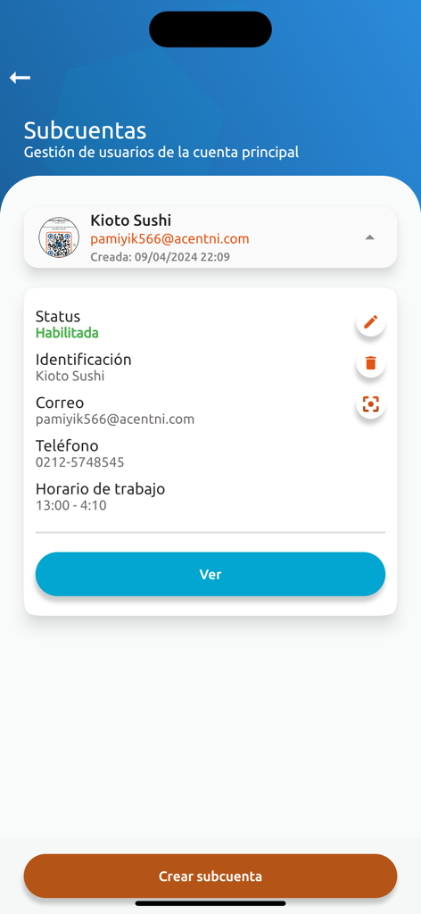 Apolo Pay - Pantalla de la aplicación móvil Apolo Pay que muestra la gestión de subcuentas de negocios y los detalles del perfil del usuario.