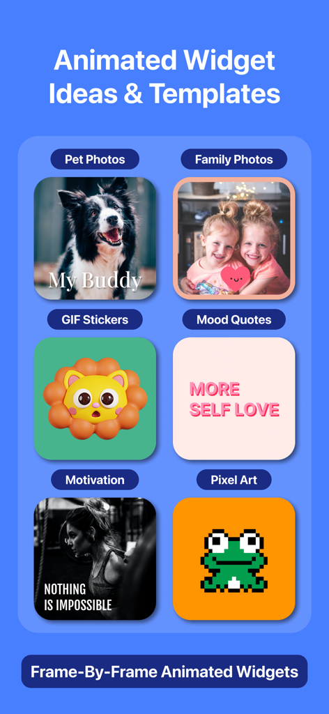 Lively Widget - 5000+ Designs - Exibição de ideias e modelos de widgets animados, incluindo fotos de animais de estimação, adesivos GIF, citações de humor e pixel art.