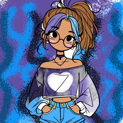 girl with a messy ponytail glasses a baggy crop top and jean shorts