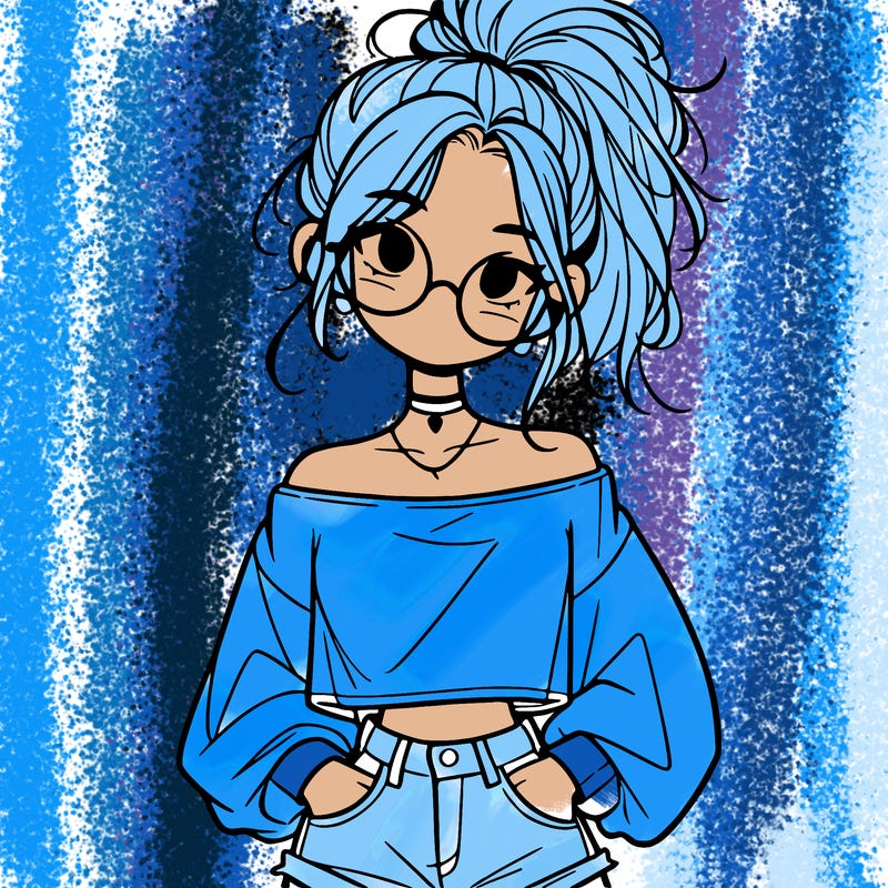 girl with a messy ponytail glasses a baggy crop top and jean shorts