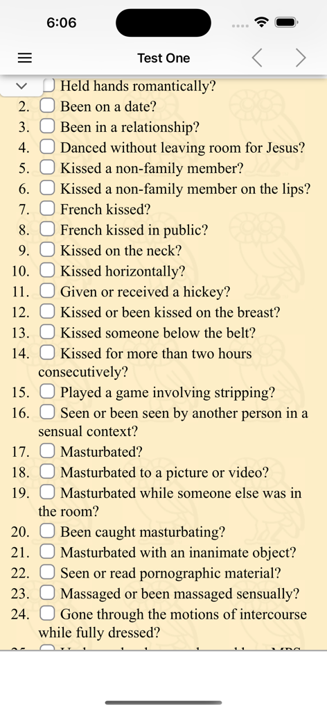 A list of numbered questions with checkboxes from the Rice Purity Test mobile app