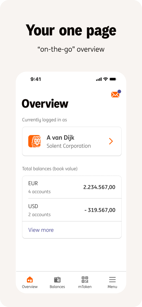 ING InsideBusiness - ING InsideBusiness mobile app overview screen displaying corporate account balances in EUR and USD for a business user.