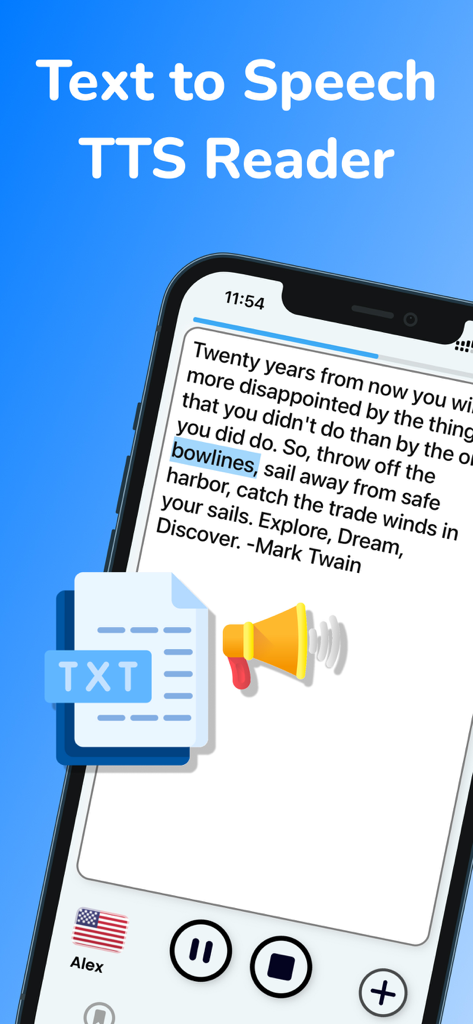 Aplicativo de texto para fala mostrando uma citação com destaque de palavras e controles de voz