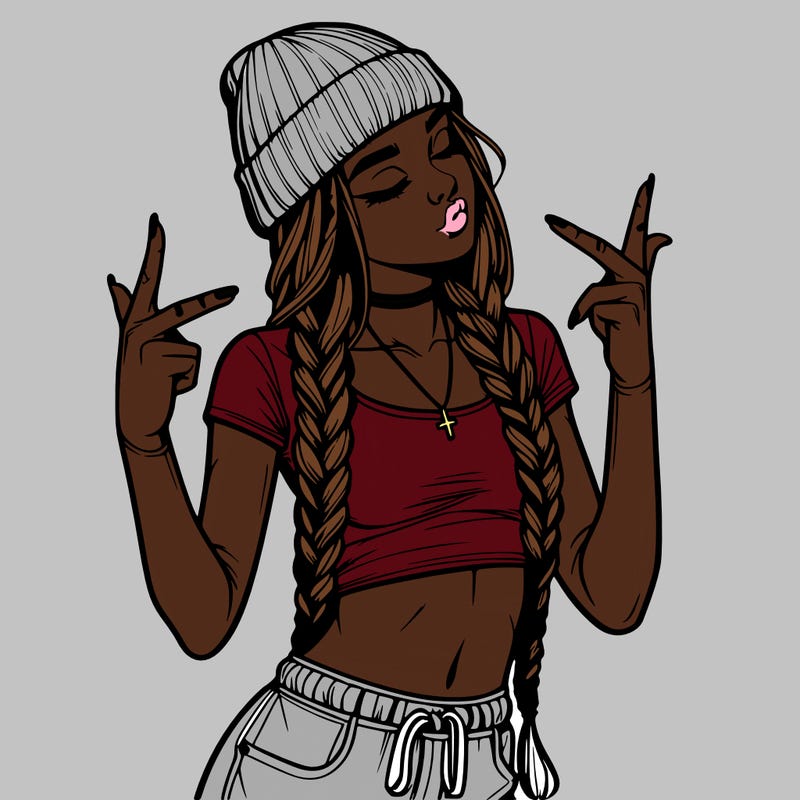 realistic teenage girl with braids and a beanie and crop top doing 🫶🏼