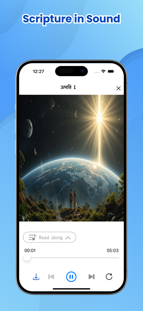 Nepali Holy Bible app audio player interface featuring Genesis 1 and a creation scene illustration