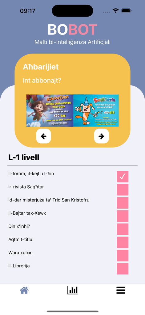 BOBOT Malti bl-AI - BOBOTマルタ語学習アプリのインターフェース、レベル1レッスンのリストとサブスクリプションに関するニュースが表示されています。