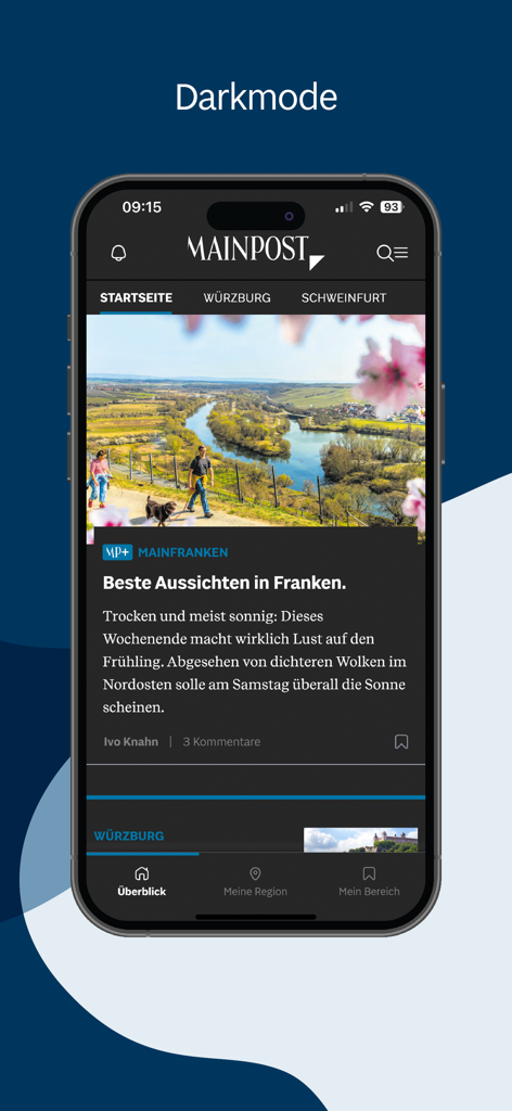 Main-Post News - Interface de l'application Main-Post News en mode sombre affichant les actualités régionales de Franconie