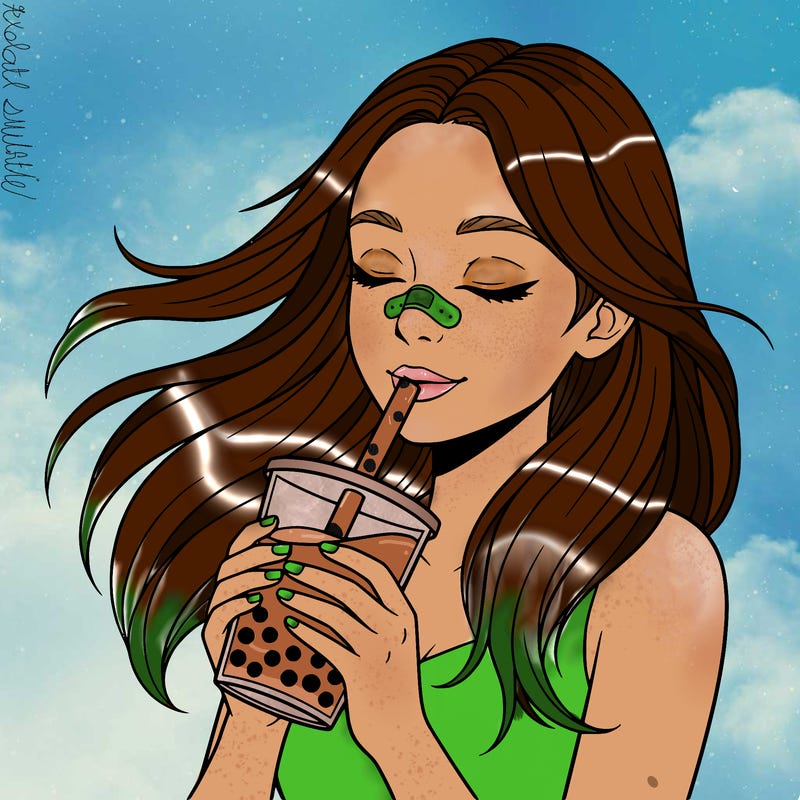 make a girl drinking boba tea with long hair and a bandage on her nose. make it a close up.