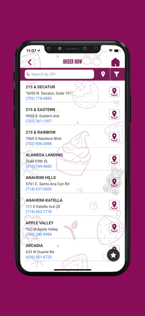 Yogurtland - Yogurtland mobile app screen showing a list of store locations with addresses and phone numbers for ordering ahead.