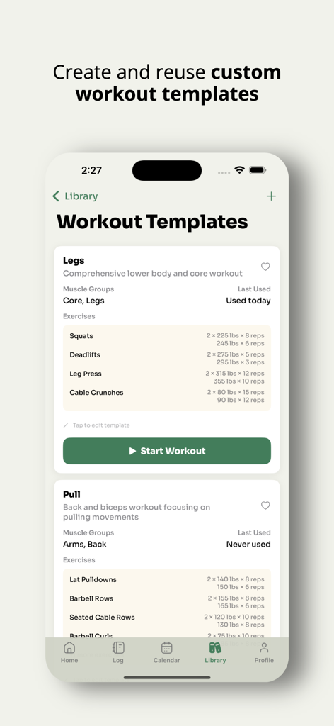 BooFit - Gym Workout Tracker - BooFit app library displaying custom gym workout templates for leg and pull training sessions.