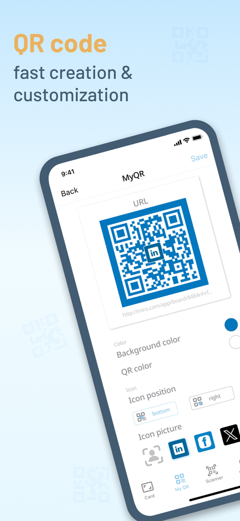 QR Code, Business Card Creator - Interfaz móvil que muestra opciones de personalización de códigos QR, incluida la elección de color y la colocación de íconos de redes sociales