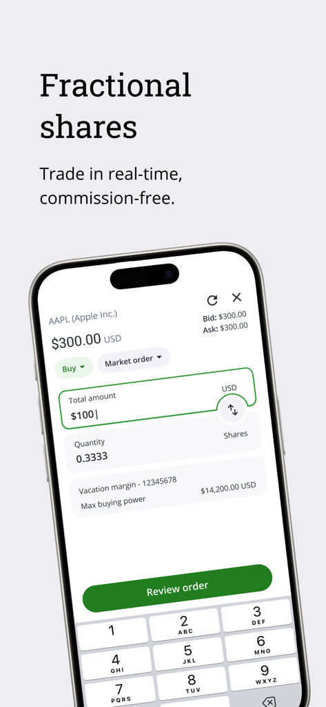 QuestMobile app interface showing fractional share trading for Apple stock