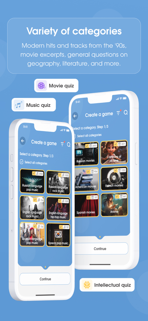 OK Battle - Pantalla de la aplicación OK Battle que muestra varias categorías de concursos de música y películas como música pop y anime.