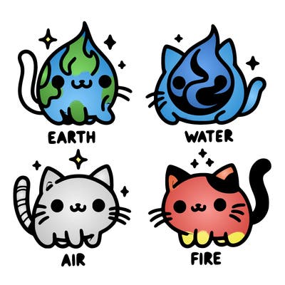 4 cats that represent the different elements, earth, water, air, and fire