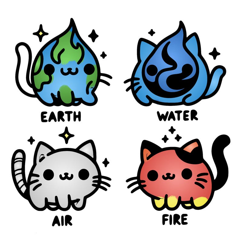 4 cats that represent the different elements, earth, water, air, and fire