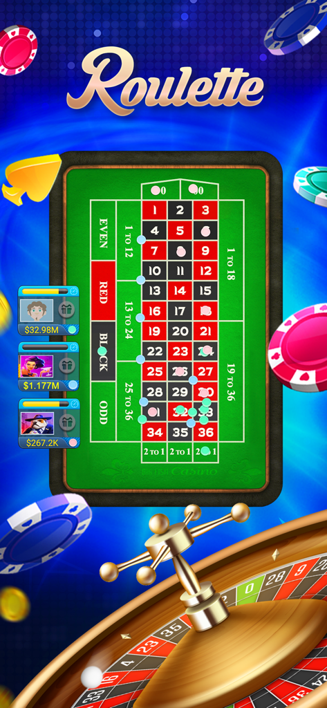 Big Fish Casino: Slots Games - Una captura de pantalla que muestra la mesa de apuestas virtual y la rueda de la ruleta en la aplicación móvil Big Fish Casino.