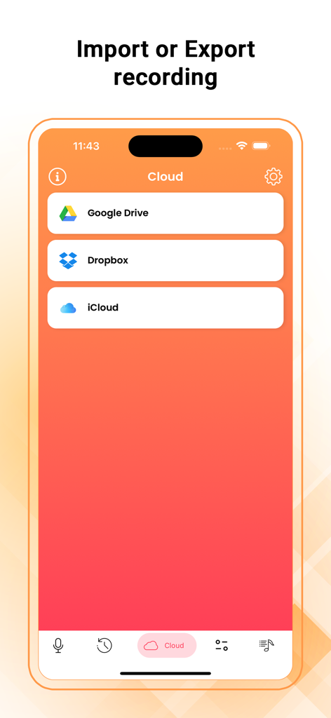Voice Recorder - Audio Memos - Google Drive、Dropbox、iCloud経由でオーディオ録音をインポートおよびエクスポートするためのクラウドストレージオプションを表示するインターフェース。
