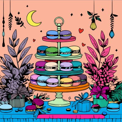 macaron display on a beautiful elegant table with eucalyptus leaves around it and small trinkets