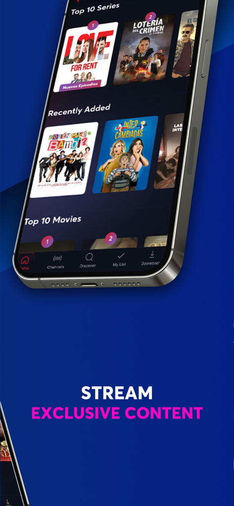 FlixLatino mobile app interface showing a variety of Spanish language movies and series available for streaming.