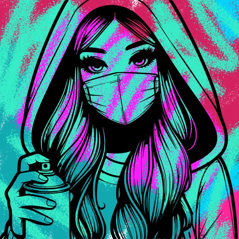 girl wearing a mask with long hair with her hood up spray-painting realistic